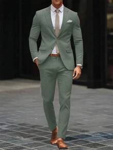 Manfinity Mode 男士纯色翻领长袖西装外套和裤子套装