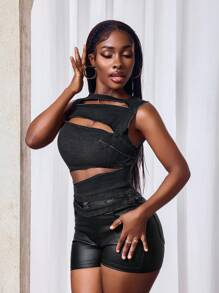 Slaydiva Damen Sexy Ärmelloses Cut-Out Denim Top, Sommer - Dunkelgrau - Übersicht 1