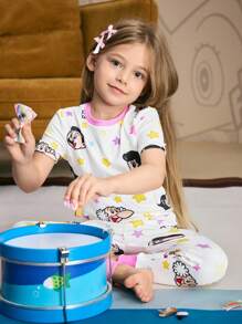 Astro Boy X SHEIN 2pcs Young Girl Star & Cartoon Figure Graphic Round Neck Short Sleeve Top And Leggings Knit Tight Pajama Set - White - View 1