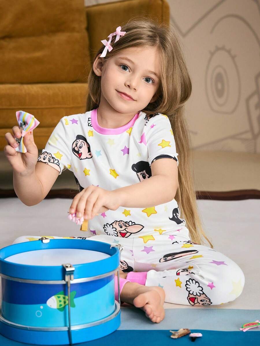 Astro Boy X SHEIN 2pcs Young Girl Star & Cartoon Figure Graphic Round Neck Short Sleeve Top And Leggings Knit Tight Pajama Set - White - View 1