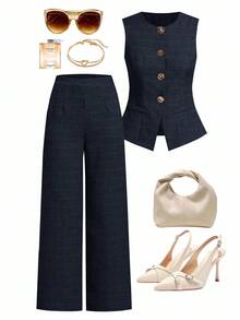 Ellevyn 优雅亚麻质感高品质通勤裤，夏季 - 藏蓝色 - 查看 4