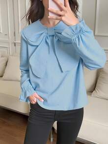 Tween Girl's Plain Peter Pan Collar Loose Cute Blouse, Long Sleeve,Holiday,Summer,Travel - Blue - View 8