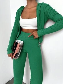 EURMUSE Zip Up Drawstring Hoodie & Leggings - Green - View 5