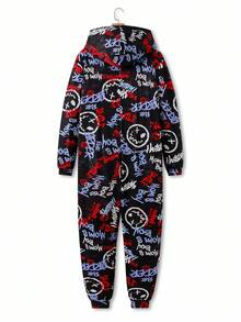 Men's Long Sleeve & Pants Hooded Jumpsuit With Smiling Face Graffiti Elements, In Red & Blue Colors, Combining Vibrant Street Style, Casual & Exaggerated Dynamic Look Hooded Pajamas, Fall