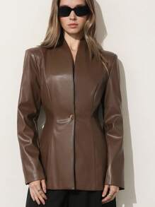 Aveloria Modichic PU Leather Stand Collar Fashionable Classic Versatile European & American Style Luxury Blazer Fall Winter Cloth For Women - Coffee Brown - View 2