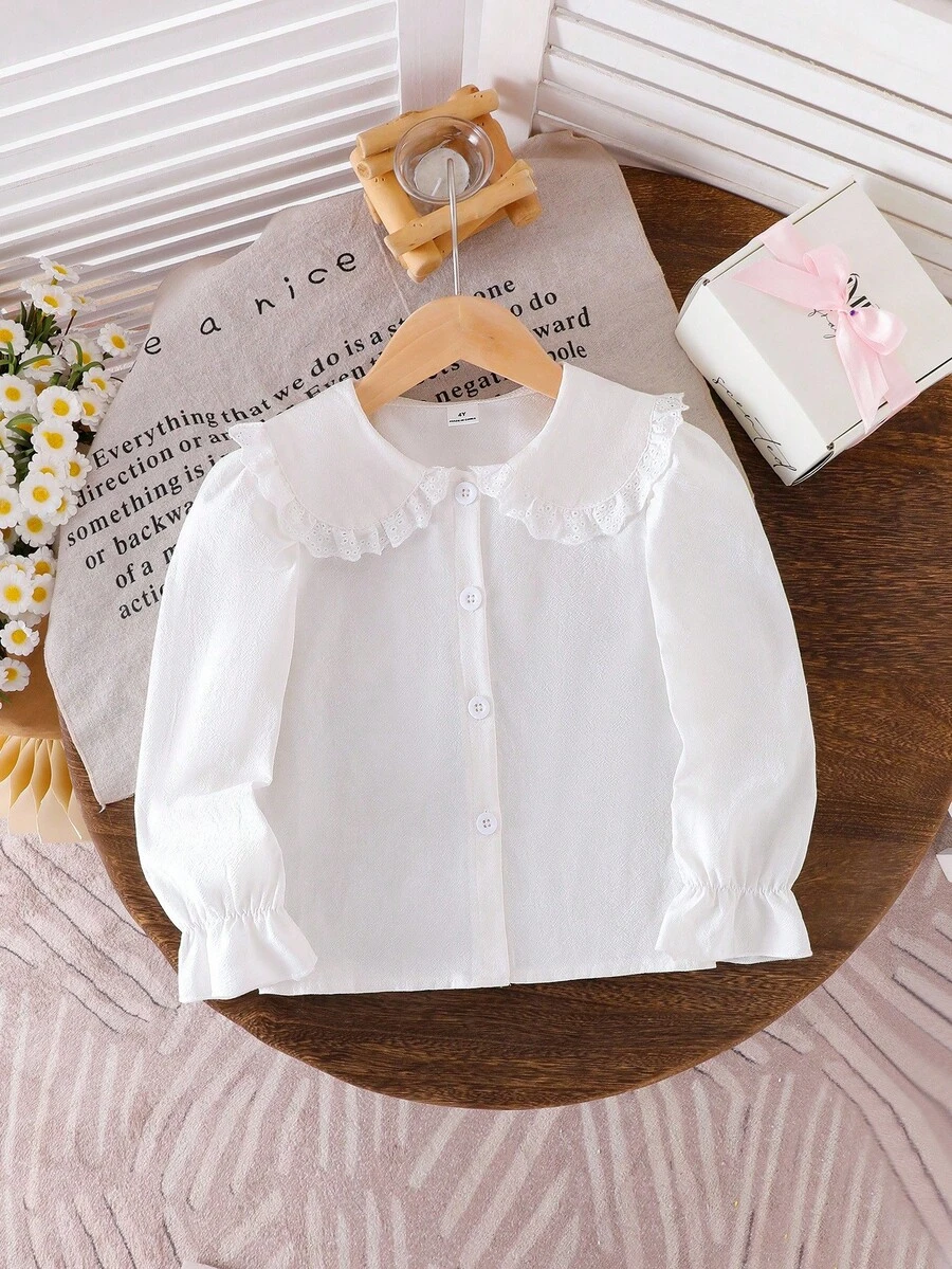 SHEIN Elladie kids 1 件女童纯白色蕾丝边休闲衬衫，精致荷叶边大彼得潘领，秋季可爱日常百搭衬衫 - 白色 - 查看 1