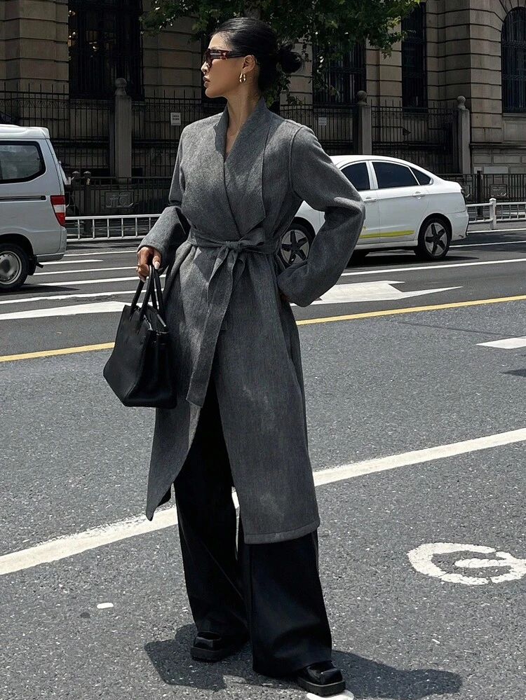 Loose Fit Versatile Mid-Length Lapel Robe Style Women Overcoat