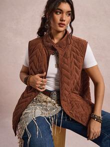 Freevana Plus Size Solid Color Front Zip Sleeveless Pocket Casual Padded Zip Up Coat, Daily Wear Halloween Pumpkin Color Christmas Winter  New Year  Thanksgiving Brown - Brown - View 5