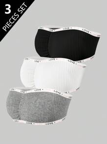 3件套女童柔软时尚无肩带文胸和抹胸上衣，粉色、白色、黑色，带爱心编织带 - 彩色 - 查看 1