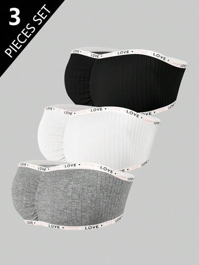 3件套女童柔软时尚无肩带文胸和抹胸上衣，粉色、白色、黑色，带爱心编织带