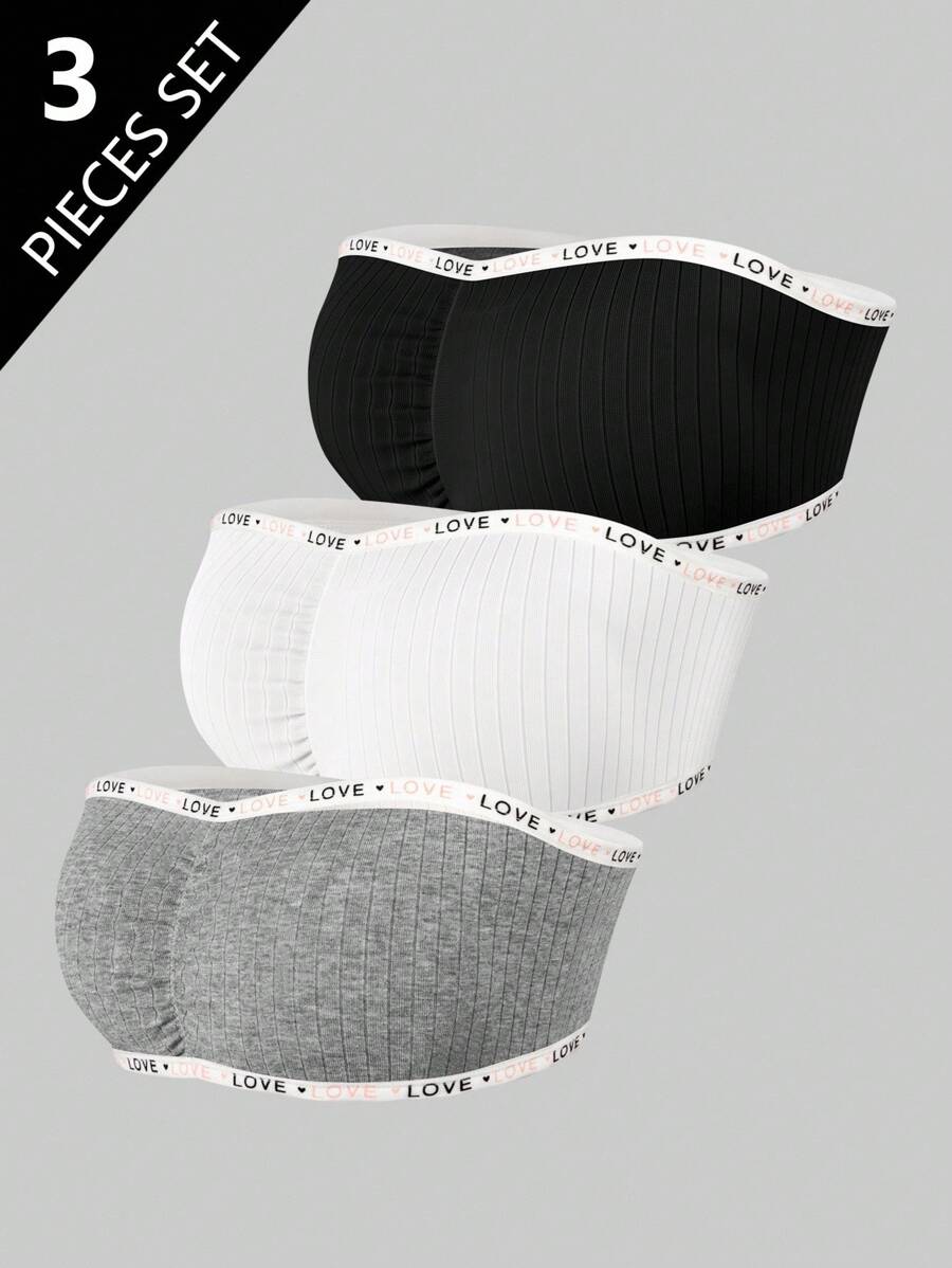 3件套女童柔软时尚无肩带文胸和抹胸上衣，粉色、白色、黑色，带爱心编织带 - 彩色 - 查看 1