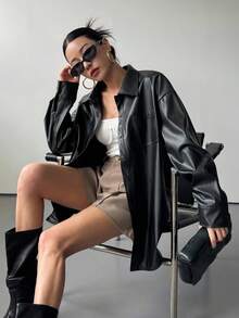 DAZY 女士休闲宽松领长袖口袋PU皮夹克，街头风，秋冬皮夹克 - 黑色 - 查看 7