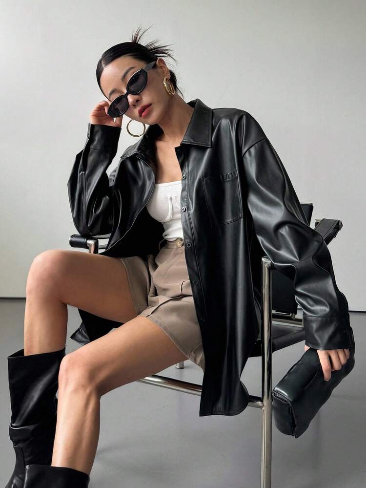 Women's Casual Loose Collar Long Sleeve Pocket PU Jacket, Street Style, Autumn/Winter Leather Jacket