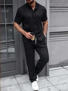 Manfinity Homme Men's Fashion Rhinestone Embellished Shirt And Pants Set,Black,Summer,Casual,City Break Two Pieces Co-Ord Jumpsuit Sweatsuit - Black - View 5