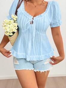 Sunnyshic Plus Size Ruffle Trim Knot Front Blouse