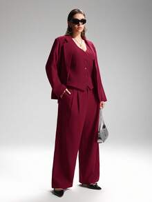 LYSMO 大码纯色有领背心和裤子套装 - 酒紅色 - 查看 7