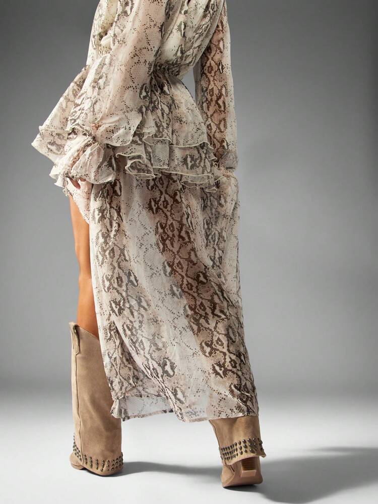 MISSGUIDED Maxikleid mit Schlangendruck, Rüschen an der Taille, Langarm, V-Ausschnitt, für Partys, Abendveranstaltungen, Hochzeitsgäste, Boho-Chic, elegant für Herbst und Winter