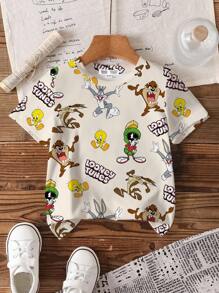LOONEY TUNES X SHEIN Young Boy 2pcs/Set Casual Cartoon Graphic Crew Neck Short Sleeve T-Shirts, Blue & Apricot, Summer - Multicolor - View 11