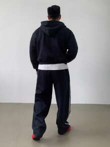 DAZY Men's Autumn Zip-Up Hoodie Set With Side Stripe, Letter Print Design, Streetwear Style - Navy Blue - View 2