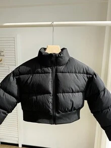 SHEIN Abrigo corto recto acolchado con cuello alto para niñas, adecuado para otoño/invierno