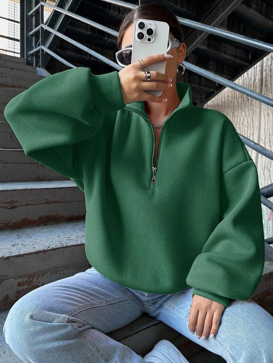 SHEIN Cottnline Solid Color Women's Drop Shoulder Zip Up Sweatshirt - Green - View 1