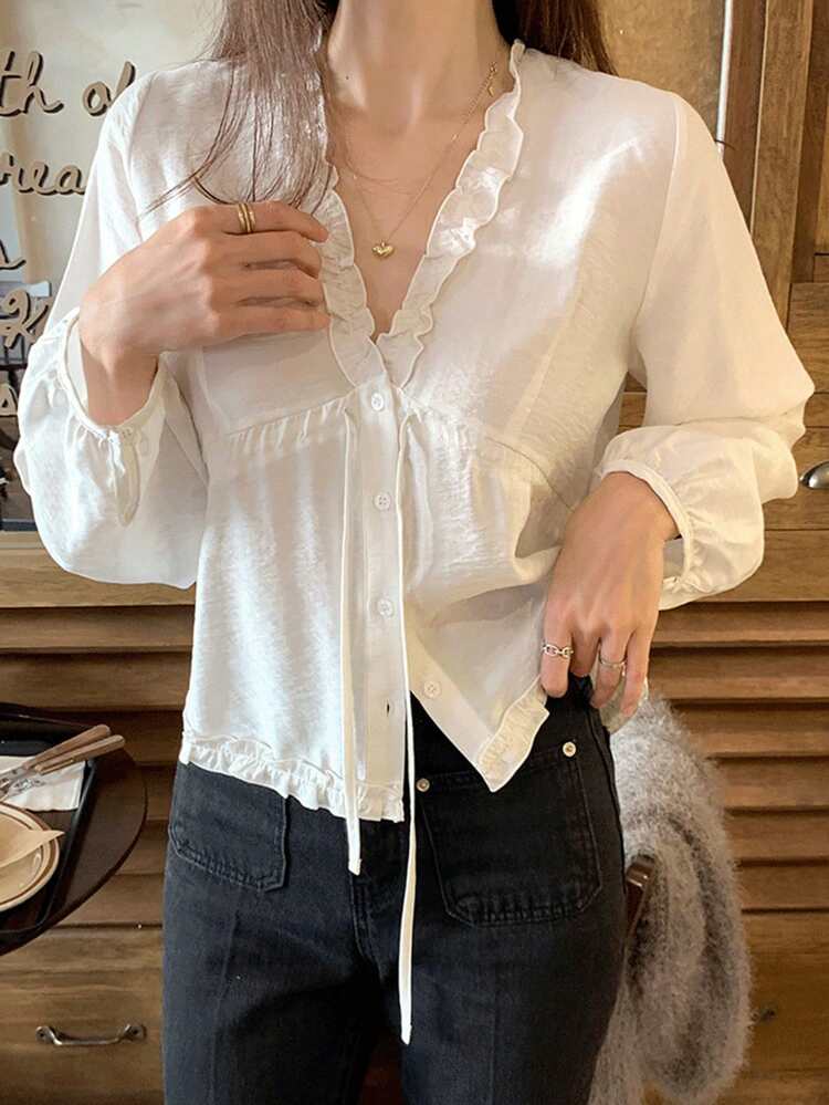 Women's Solid Color Frill Trim V-Neck Lantern Sleeve White Blouse, Spring/Autumn Long Sleeve Top