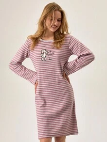 Loomlin Women Cotton Round Neck Rib Knit Striped Cute Bear&Letter Embroidery Detail Long Sleeve Homewear Pajama Sleep Dress - Multicolor - View 7