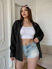 INAWLY 女式加大码纯色长袖单排扣休闲/工作衬衫 - 黑色 - 查看 4