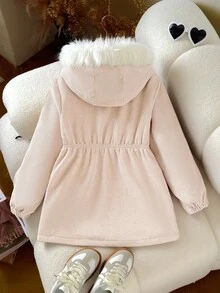 SHEIN 秋冬款青少年女孩宽松休闲简约舒适连帽羊毛夹克 - 卡其色 - 查看 3