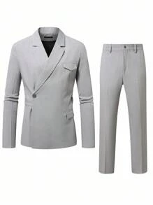 Manfinity Mode Bộ vest công sở thường ngày có ve áo đơn màu tay dài, cổ bẻ và quần dài - Màu Xám nhạt - Xem 6