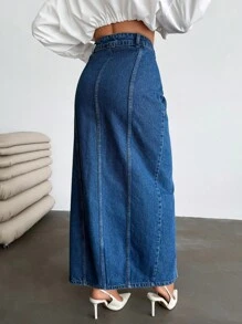 SHEIN Cottnline Chân váy denim dài xẻ tà phía trước lưng thấp - Rửa trung bình - Xem 2