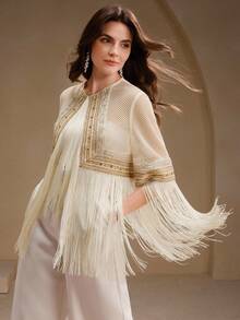 Anewsta Women's Regular Jacket With Tassel & Mesh Design - Apricot - View 4