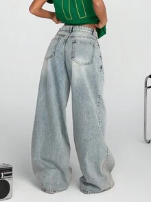 EURMUSE 低腰复古水洗斜口袋阔腿牛仔裤 - 中等水洗藍 - 查看 2