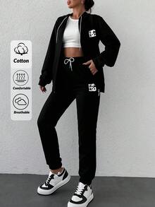 EURMUSE Cotton Letter Graphic Zip Up Bomber Jacket & Drawstring Waist Sweatpants - Black - View 1