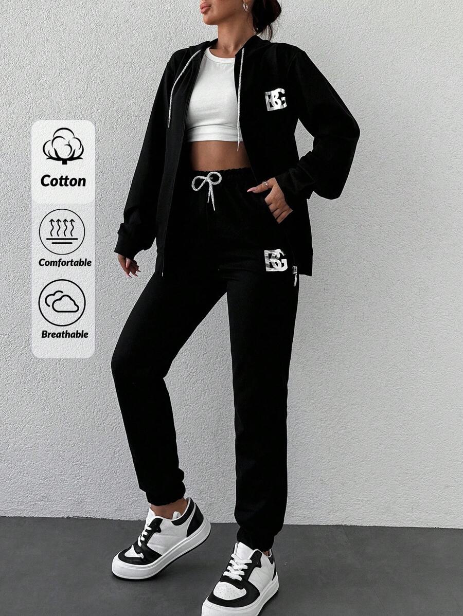 EURMUSE Cotton Letter Graphic Zip Up Bomber Jacket & Drawstring Waist Sweatpants - Black - View 1