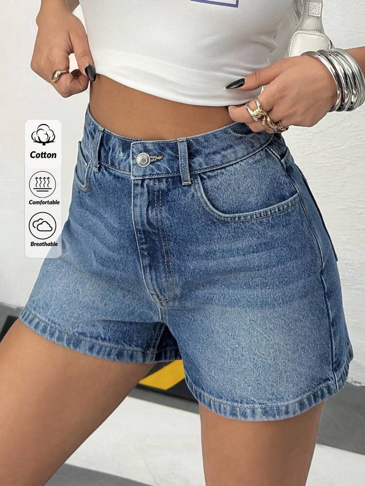 EURMUSE Damen Denim Shorts mit hoher Taille und Taschen, lässig und vielseitig einsetzbar - Mittele Waschung - Übersicht 1