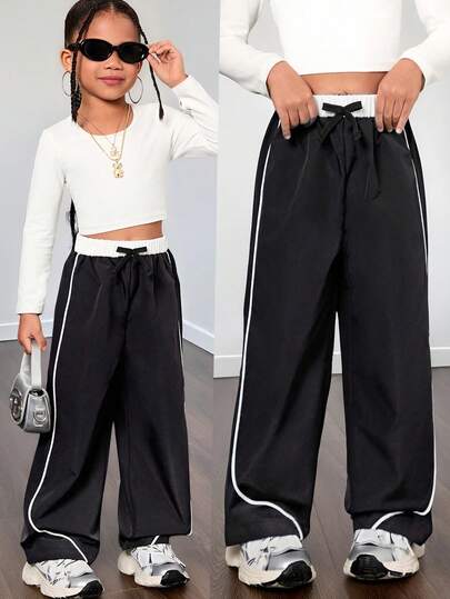SHEIN Mommy And Me Matching Pants (2 Pieces Sold Separately) Young Girl Woven Casual All-Match Versatile Cool Street Sporty 2 In 1 Black & White Contrast Color Waist Striped Trim Straight Leg Pants, Suitable For Autumn/Winter, Everyday, Sisters, Mother-Daughter, Street Wear,Holiday,Summer,Travel