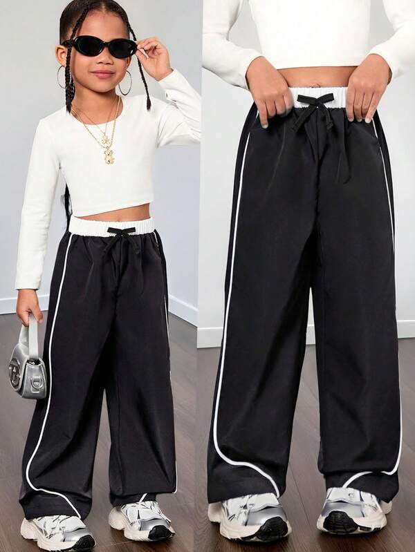 SHEIN Mommy And Me Matching Pants (2 Pieces Sold Separately) Young Girl Woven Casual All-Match Versatile Cool Street Sporty 2 In 1 Black & White Contrast Color Waist Striped Trim Straight Leg Pants, Suitable For Autumn/Winter, Everyday, Sisters, Mother-Daughter, Street Wear,Holiday,Summer,Travel