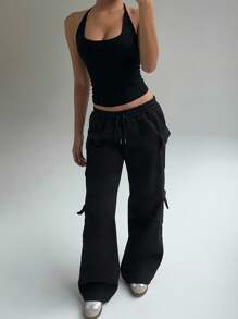 FavEase 女士灰色低腰抽绳系带工装口袋阔腿休闲运动裤，极简主义街头服饰，秋季 - 黑色 - 查看 6