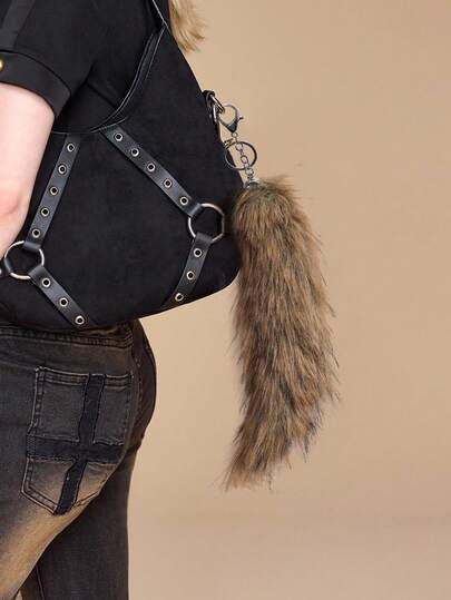 Grunge Punk 1pc Y2K Retro Cute Personalized Versatile High-Quality Brown Ombre Faux Fur Fox Tail DIY Keychain Bag Charm, Suitable For Women/Girls Daily Wear, Holiday Gift