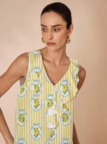 Shutterstock Glamance Women's Elegant Ruffled Sleeveless Loose Blouse, Spring/Summer Lemon Print Top Yellow Striped Top Ruffle Top Flowy Top - Yellow - View 4