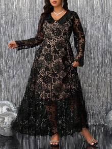 Gownix 大码优雅纯色蕾丝连衣裙 - 黑色 - 查看 6