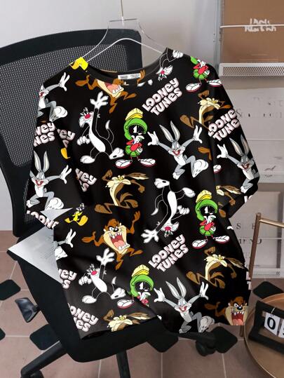 LOONEY TUNES X SHEIN Men's Casual Cartoon Letter Graphic Short Sleeve T-Shirt, Comfortable Summer Tee