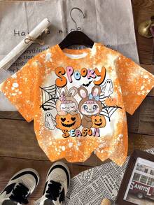 SHEIN Happikins 4pcs/Set Young Girl Cute Halloween Rabbit Bubu Bow Floral Print Kawaii Anime Style Casual Minimalist Round Neck Short Sleeve Basic T-Shirt, Suitable For Spring/Summer - Multicolor - View 4