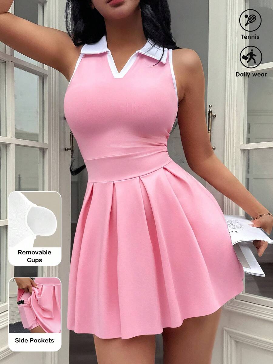 Sovereign Charm 女式拼色领口无袖褶皱运动连衣裙 - 粉色 - 查看 1