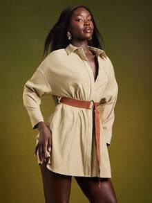 NYA SZN Dress Long Sleeve Button Up Collar Belt Buckle Detail Mini Length Outfits For Women - Green - View 7