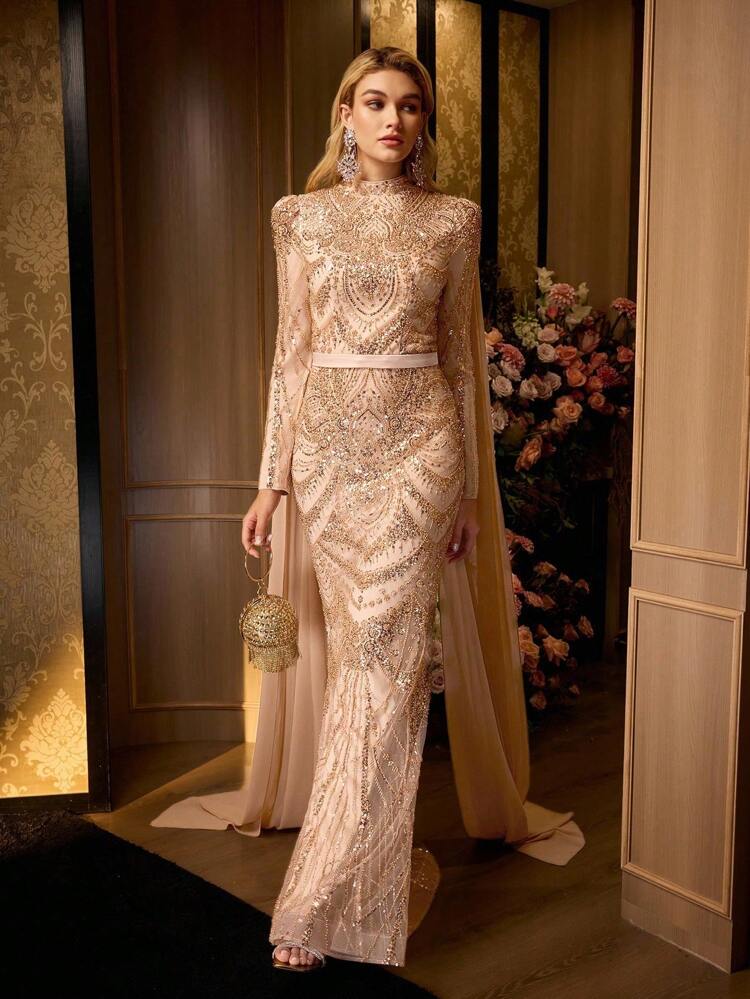 MOTF Soiréza LUXURY BEADED MERMAID HEM EVENING GOWN WITH CHIFFON DRAPED SHOULDERS - ELEGANT MAXI DRESS FOR FORMAL EVENTS & SPECIAL OCCASIONS