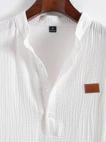 Manfinity Homme 男士纯色开领短袖休闲纹理面料衬衫，夏季 - 白色 - 查看 3