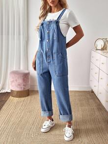 EMERY ROSE Women's Summer Casual Button Half-Placket Large Pocket Denim Bib Pants Casual Street Patchwork Pocket Loose Wide Leg Jeans Women Jeans Baggy Loose Jeans Barrel Leg/Barrel-Leg Jeans Old Money Style