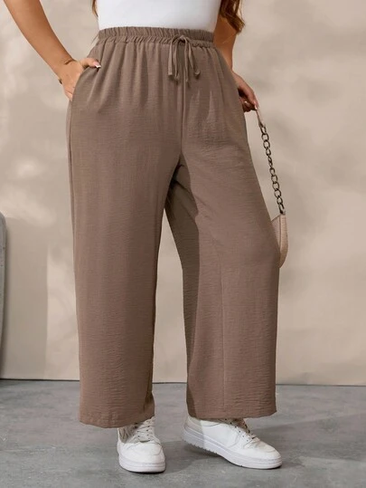 SHEIN CURVE+ 大码女式宽松松紧腰长款休闲裤，户外休闲裤